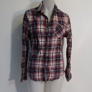 Mens Flag & Anthem Burgundy Navy Blue Check Button Casual Shirt S